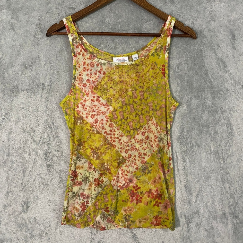 Sweet Pea Tank Top Sz L Yellow Pink Floral Patchwork Mesh Y2K Boho Cottage Fairy